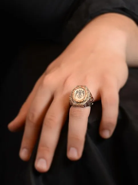 Çift Başlı Selçuklu Kartalı Oval Model Yanında Hilal Yıldız Motif Erkek Gümüş Yüzük