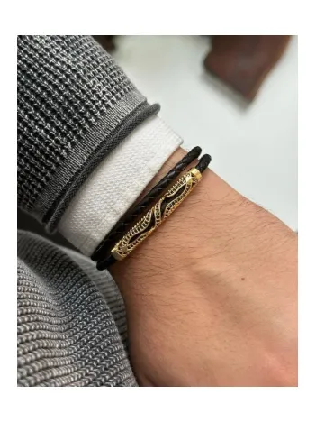 Erkek Bileklik - Deri Erkek Bileklik - Taşlı Erkek Bileklik - Snake Model-Gold