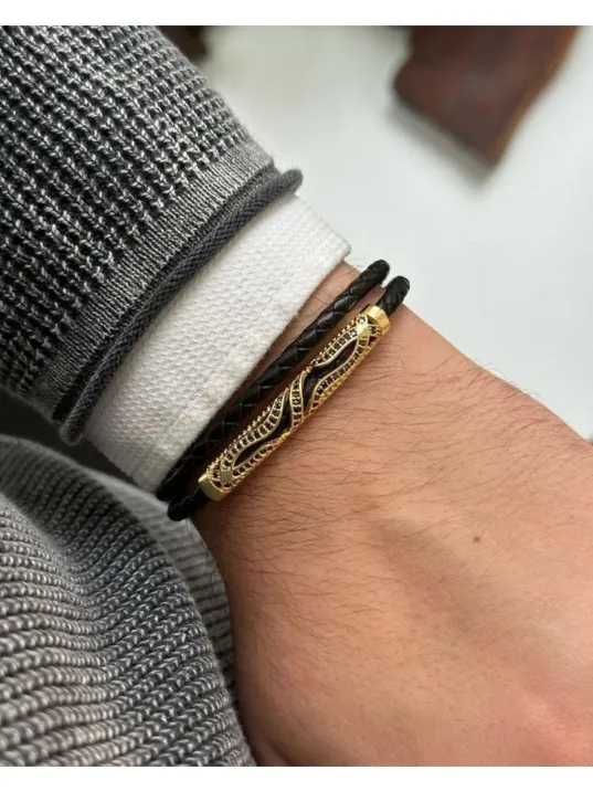 Erkek Bileklik - Deri Erkek Bileklik - Taşlı Erkek Bileklik - Snake Model-Gold