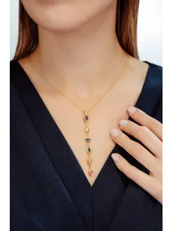 Kadın Renkli Taşlı Altın Kaplama Zarif 925 Ayar Gümüş Kolye Bileklik Set