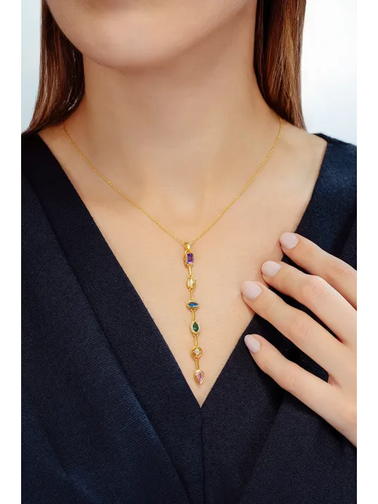 Kadın Renkli Taşlı Altın Kaplama Zarif 925 Ayar Gümüş Kolye Bileklik Set