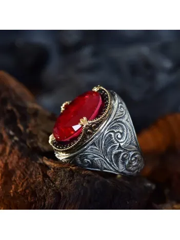 Kırmızı Paraiba Taşlı Erzurum Kalem İşlemeli Gümüş Erkek Yüzük GYZSARIKHRB-GMS