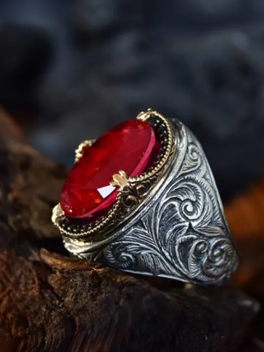Kırmızı Paraiba Taşlı Erzurum Kalem İşlemeli Gümüş Erkek Yüzük GYZSARIKHRB-GMS
