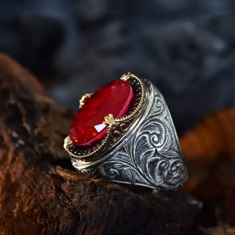 Kırmızı Paraiba Taşlı Erzurum Kalem İşlemeli Gümüş Erkek Yüzük GYZSARIKHRB-GMS Kırmızı Paraiba Taşlı Erzurum Kalem İşlemeli Gümüş Erkek Yüzük GYZSARIKHRB-GMS