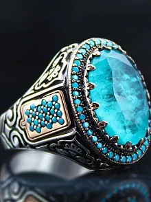 Turkuaz Paraiba Taşlı Mikro Taş İşlemeli Özel Seri Erkek Gümüş Yüzük