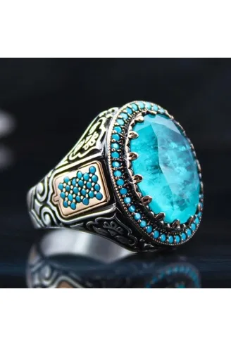 Turkuaz Paraiba Taşlı Mikro Taş İşlemeli Özel Seri Erkek Gümüş Yüzük