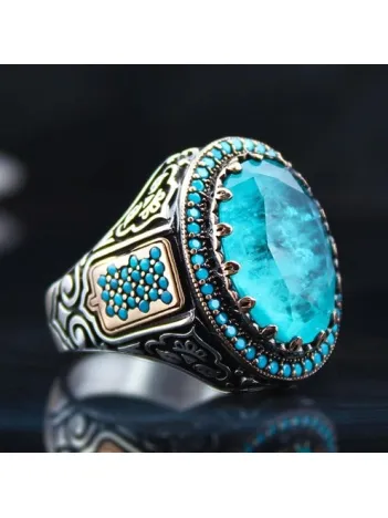 Turkuaz Paraiba Taşlı Mikro Taş İşlemeli Özel Seri Erkek Gümüş Yüzük