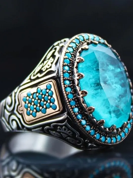 Turkuaz Paraiba Taşlı Mikro Taş İşlemeli Özel Seri Erkek Gümüş Yüzük