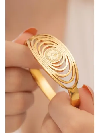 Kadın Bileklik-22 Ayar Gerçek Altın Kaplama(kararmaz) Çelik Kadın Kelepçe-Çeyrek Altın Atatürk İşlemeli