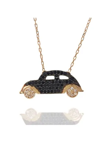 Zirkon Taşlı Rose Renk Araba Bayan Gümüş Kolye