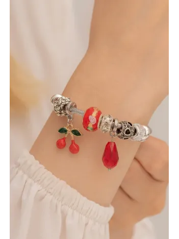 Kadın Çelik Bileklik - Charm Model Bileklik - Kiraz Model Kadın Bileklik
