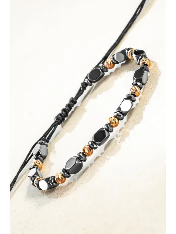 Kadın Erkek Gümüş Bileklik - Hematit Taşlı Gümüş Detaylı İnce Kibar Erkek Kadın Bileklik