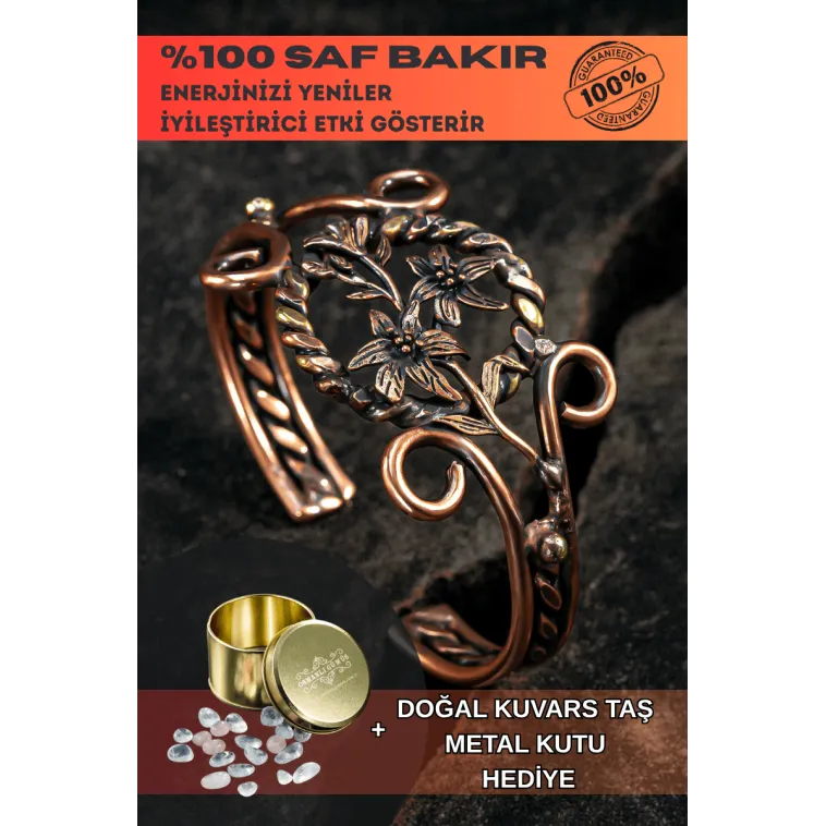 Nergiz Çiçeği Bakır Bileklik Pirinç Detaylı Erkek Kadın Kuvars Taşlı Metal Kutu