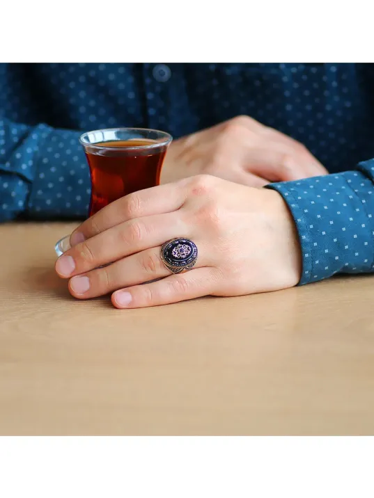 Erkek Gümüş Yüzük - Oniks Taşlı Mikro Zirkon Taş Mıhlamalı 925 Ayar Gümüş Erkek Yüzük