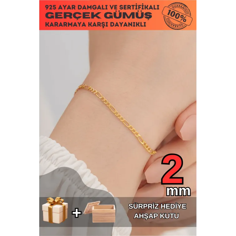 18 Ayar Gerçek Altın Kaplama Kararmayan 2 Mm Kalınlıkta Figaro Model Kadın Gümüş Bileklik 18 Ayar Gerçek Altın Kaplama Kararmayan 2 Mm Kalınlıkta Figaro Model Kadın Gümüş Bileklik
