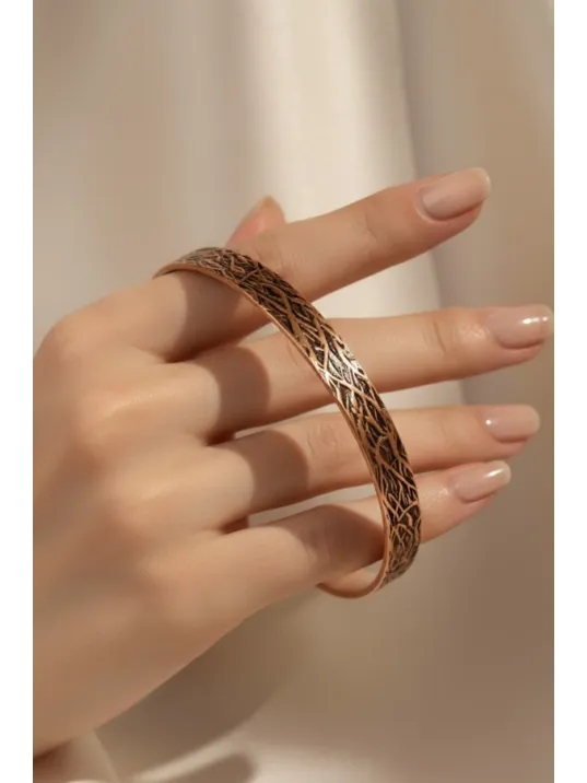 Erkek Kadın Bakır Bileklik - Ayetel Kürsi Dualı Dalgalı Ağaç Kabuğu Desenli Bakır Bilezik