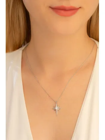 Kadın Gümüş Kolye - Zirkon Taşlı Kutup Yıldızı Motifli Gümüş Kolye