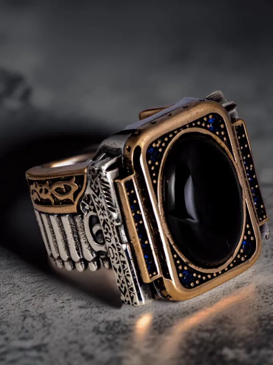Erkek Silah Ve Kurşun Motifli Siyah Oniks Taşlı Silahtar Model 925 Ayar Gümüş Yüzük