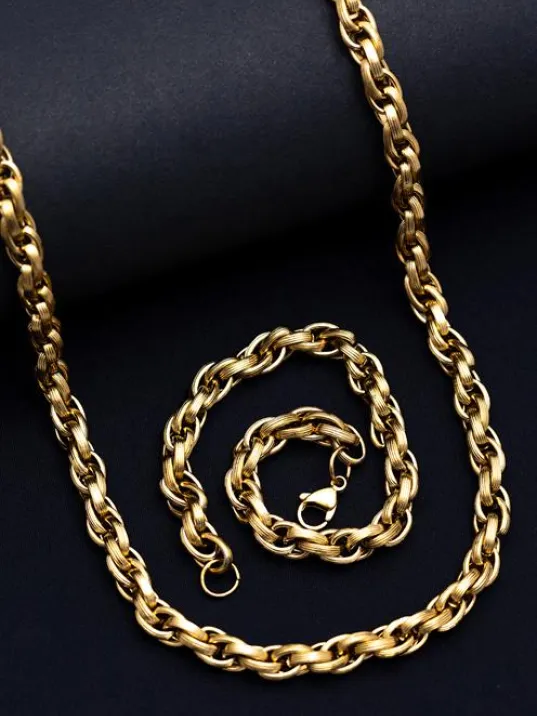 Erkek Çelik Bileklik Kolye Set -22 Ayar Gerçek Altın Kaplama Sarmal Model Çelik Set