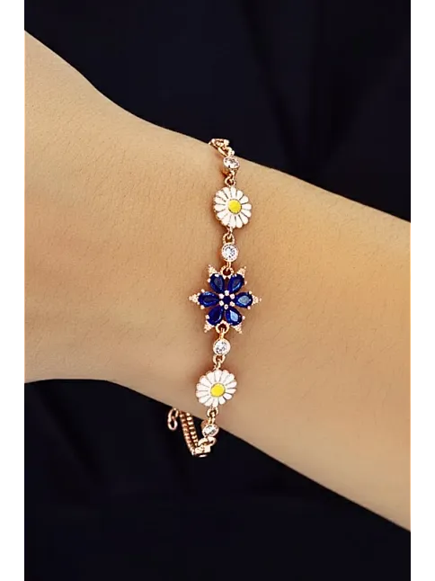 Kadın Gümüş Bileklik - Rose Kaplama Lacivert Safir Taşlı Nergis Çiçeği Motifli Bilezik