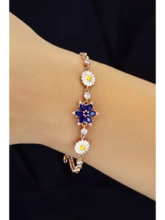 Kadın Gümüş Bileklik - Rose Kaplama Lacivert Safir Taşlı Nergis Çiçeği Motifli Bilezik Kadın Gümüş Bileklik - Rose Kaplama Lacivert Safir Taşlı Nergis Çiçeği Motifli Bilezik