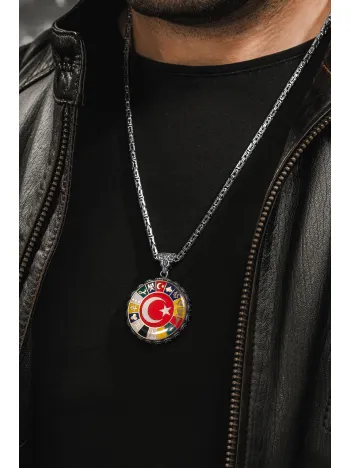 Erkek Gümüş Kolye - 16 Türk Devleti Bayrakları İşlemeli  Ay Yıldız Kral Zincirli Erkek Kolye