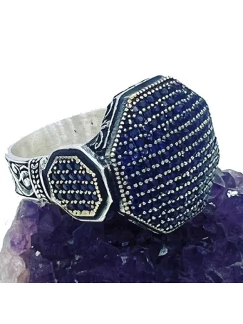 Erkek Gümüş Yüzük - Akron Lacivert Zirkon Yanı Taşlı Özel Seri Erkek Gümüş Yüzük