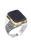 Derne Lacivert Zirkon Taşlı Yanı İşli Özel Seri Erkek Gümüş Yüzük