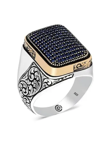 Derne Lacivert Zirkon Taşlı Yanı İşli Özel Seri Erkek Gümüş Yüzük