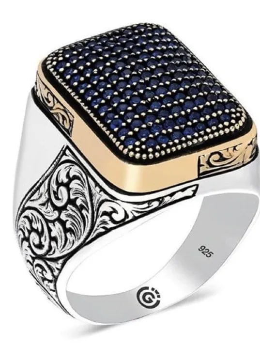 Derne Lacivert Zirkon Taşlı Yanı İşli Özel Seri Erkek Gümüş Yüzük Derne Lacivert Zirkon Taşlı Yanı İşli Özel Seri Erkek Gümüş Yüzük