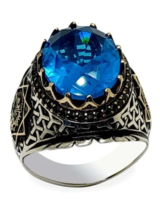 Osmanlı Armalı Aqua Marine Taşlı Gümüş Erkek Yüzük Osmanlı Armalı Aqua Marine Taşlı Gümüş Erkek Yüzük