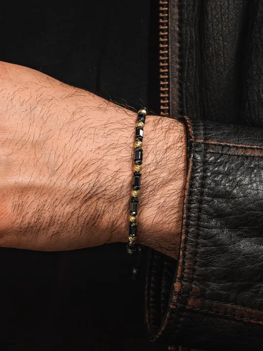 Kadın Erkek Gümüş Bileklik - Hematit Taşlı Gümüş Detaylı İnce Kibar Erkek Kadın Bileklik