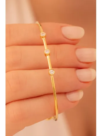 Kadın Gümüş Bileklik - Kadın Kelepçe - El Yapımı Altın Kaplama 3 Sıra Zirkon Taşlı Kadın Bileklik