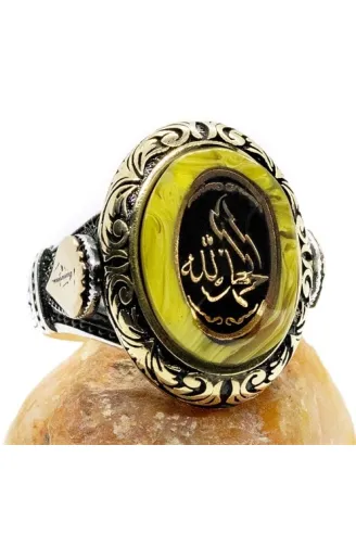 Elhamdülillah Yazılı Özel Kesim Sıkma Kehribar Taşlı Gümüş Erkek Yüzük