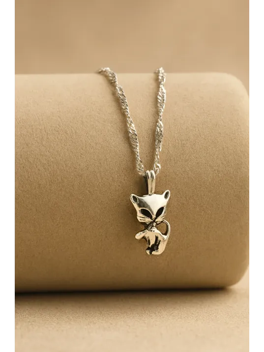 Kadın Gümüş Kolye - Kedi Model Singapur Zincir Kadın Gümüş Kolye