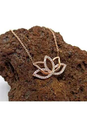 Bayan 925 Ayar Gümüş Roze Zirkon Taşlı Lotus Kolye GKLROSLOTUS
