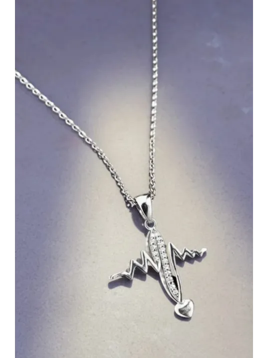 Kadın Gümüş Kolye - Kalp Ritmi Model Minik Kalp Detaylı Kadın Gümüş Kolye