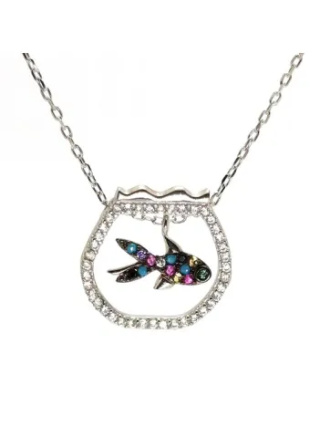 Kadın Gümüş Kolye - Zirkon Taşlı Balık Figürlü Akvaryum Model Gümüş Kolye
