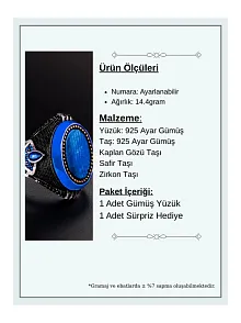 Erkek Kehribar Detaylı Mavi Kaplan Gözü Ve Yanı Damla Model Safir Taşlı 925 Ayar Gümüş Yüzük