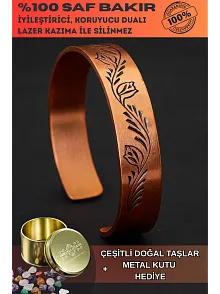 Kadın Bakır Bileklik - Lale Model Kadın Bakır Kelepçe Bilezik Metal Kutu ve Doğal Taşlar