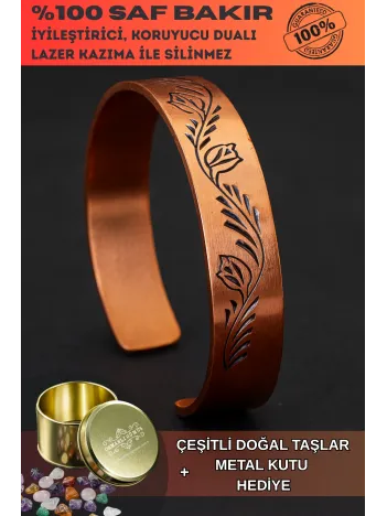 Kadın Bakır Bileklik - Lale Model Kadın Bakır Kelepçe Bilezik Metal Kutu ve Doğal Taşlar
