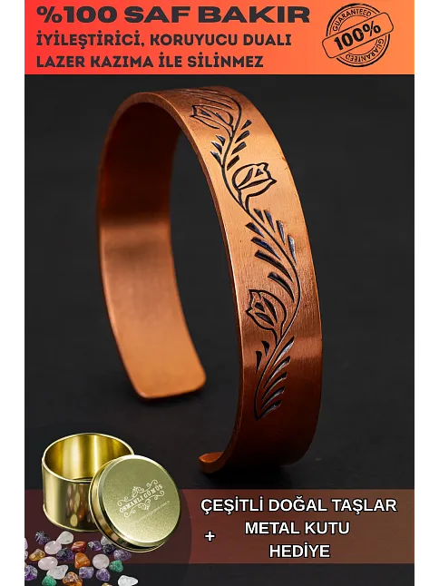 Kadın Bakır Bileklik - Lale Model Kadın Bakır Kelepçe Bilezik Metal Kutu ve Doğal Taşlar