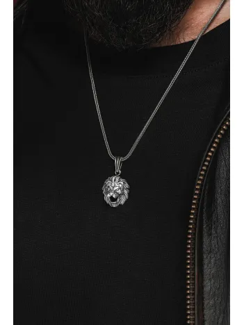 Erkek Gümüş Kolye - Tilki Kuyruğu Zincirli Aslan Kafası Model 2 Figürlü Erkek Kolye
