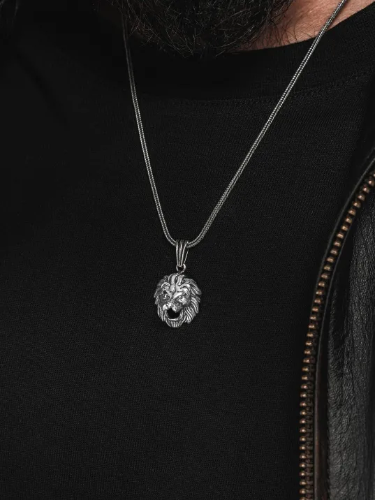Erkek Gümüş Kolye - Tilki Kuyruğu Zincirli Aslan Kafası Model 2 Figürlü Erkek Kolye