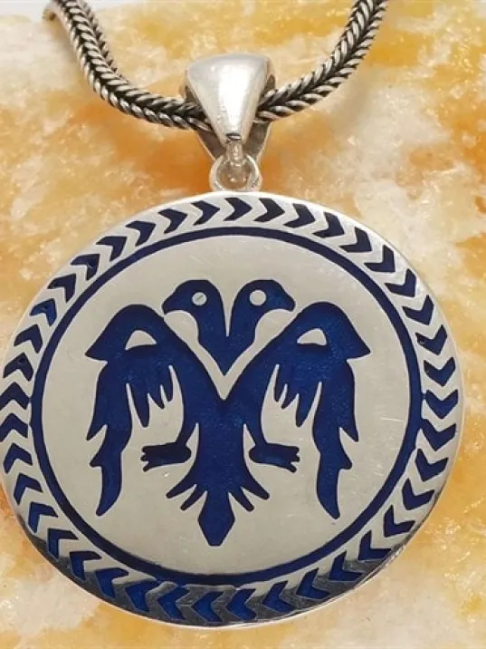 Çift Başlı Selçuklu Kartalı Mavi Renk Erkek Gümüş Kolye Zincir