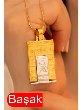Kadın Çelik Kolye - Çelik Dikdörtgen Model Burç İşlemeli Kadın Kolye