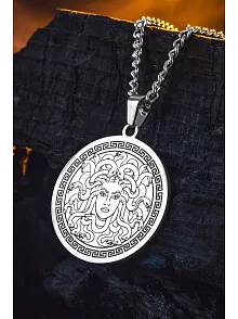 Steel Aether Çelik Kadın Kolye Yunan Tanrısı Medusa İşlemeli Yuvarlak Plaka Kararmaz
