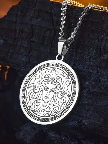 Steel Aether Çelik Kadın Kolye Yunan Tanrısı Medusa İşlemeli Yuvarlak Plaka Kararmaz