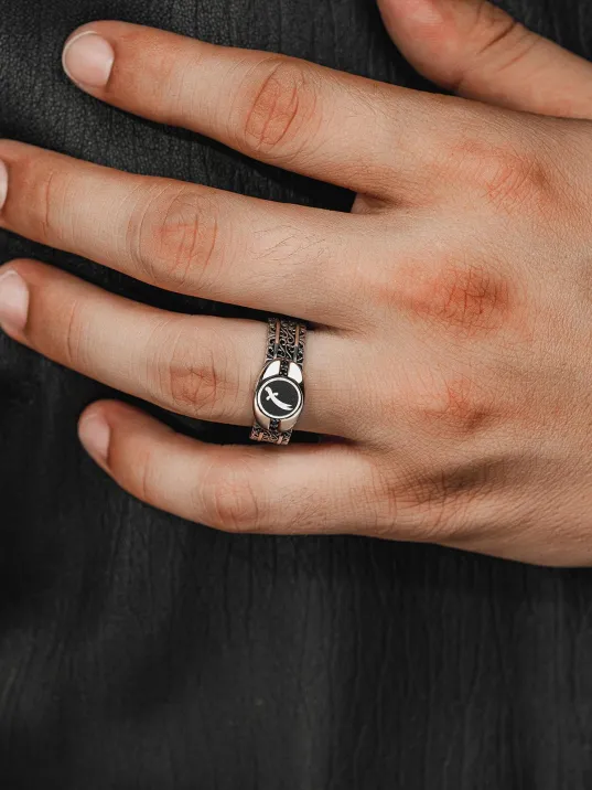 Erkek Gümüş Yüzük - Zirkon Taşlı Zülfikar Kılıcı Model 2 Mührü Erkek Yüzük