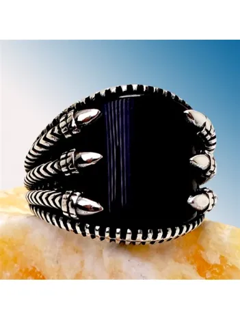 Siyah Oniks Taşlı Pençe Erkek Gümüş Yüzük